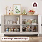 Rattan Storage Cabinet, Sideboard Buffet Cabinet with 4 Doors and Shelves, for Dining Room, Kitchen, Living Room and Entryway, Contrast Color