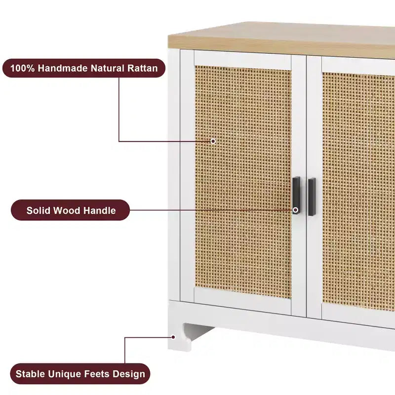 Rattan Storage Cabinet, Sideboard Buffet Cabinet with 4 Doors and Shelves, for Dining Room, Kitchen, Living Room and Entryway, Contrast Color