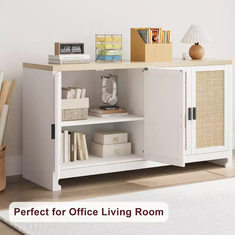 Rattan Storage Cabinet, Sideboard Buffet Cabinet with 4 Doors and Shelves, for Dining Room, Kitchen, Living Room and Entryway, Contrast Color