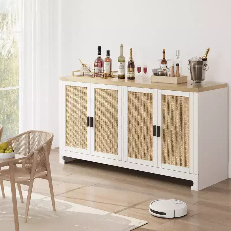 Rattan Storage Cabinet, Sideboard Buffet Cabinet with 4 Doors and Shelves, for Dining Room, Kitchen, Living Room and Entryway, Contrast Color