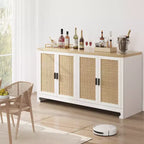 Rattan Storage Cabinet, Sideboard Buffet Cabinet with 4 Doors and Shelves, for Dining Room, Kitchen, Living Room and Entryway, Contrast Color