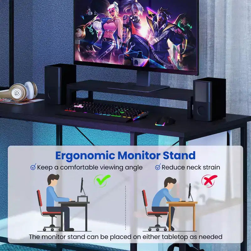 Costway L-Shaped Gaming Desk with LED Strip & Power Outlets Hutch Monitor Stand CPU Stand Brown/Black/Gray