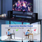 Costway L-Shaped Gaming Desk with LED Strip & Power Outlets Hutch Monitor Stand CPU Stand Brown/Black/Gray