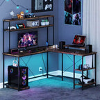 Costway L-Shaped Gaming Desk with LED Strip & Power Outlets Hutch Monitor Stand CPU Stand Brown/Black/Gray