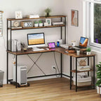 Costway L-Shaped Gaming Desk with LED Strip & Power Outlets Hutch Monitor Stand CPU Stand Brown/Black/Gray
