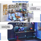 Costway L-Shaped Gaming Desk with LED Strip & Power Outlets Hutch Monitor Stand CPU Stand Brown/Black/Gray