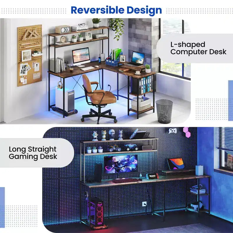 Costway L-Shaped Gaming Desk with LED Strip & Power Outlets Hutch Monitor Stand CPU Stand Brown/Black/Gray