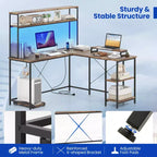Costway L-Shaped Gaming Desk with LED Strip & Power Outlets Hutch Monitor Stand CPU Stand Brown/Black/Gray
