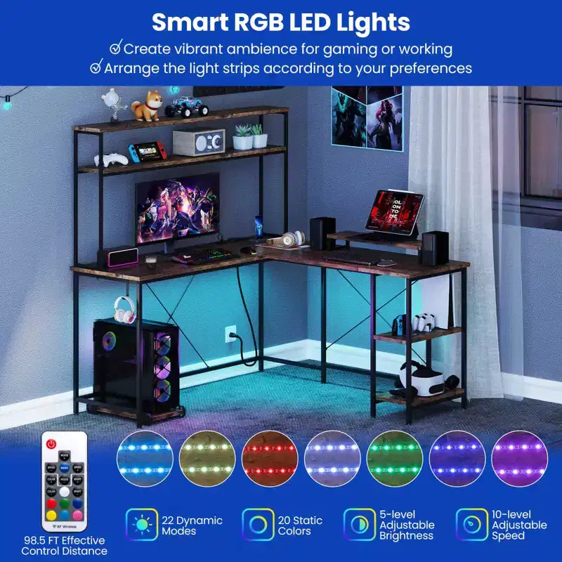 Costway L-Shaped Gaming Desk with LED Strip & Power Outlets Hutch Monitor Stand CPU Stand Brown/Black/Gray