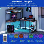 Costway L-Shaped Gaming Desk with LED Strip & Power Outlets Hutch Monitor Stand CPU Stand Brown/Black/Gray