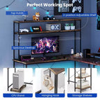 Costway L-Shaped Gaming Desk with LED Strip & Power Outlets Hutch Monitor Stand CPU Stand Brown/Black/Gray