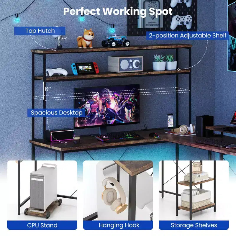 Costway L-Shaped Gaming Desk with LED Strip & Power Outlets Hutch Monitor Stand CPU Stand Brown/Black/Gray