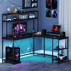 Costway L-Shaped Gaming Desk with LED Strip & Power Outlets Hutch Monitor Stand CPU Stand Brown/Black/Gray