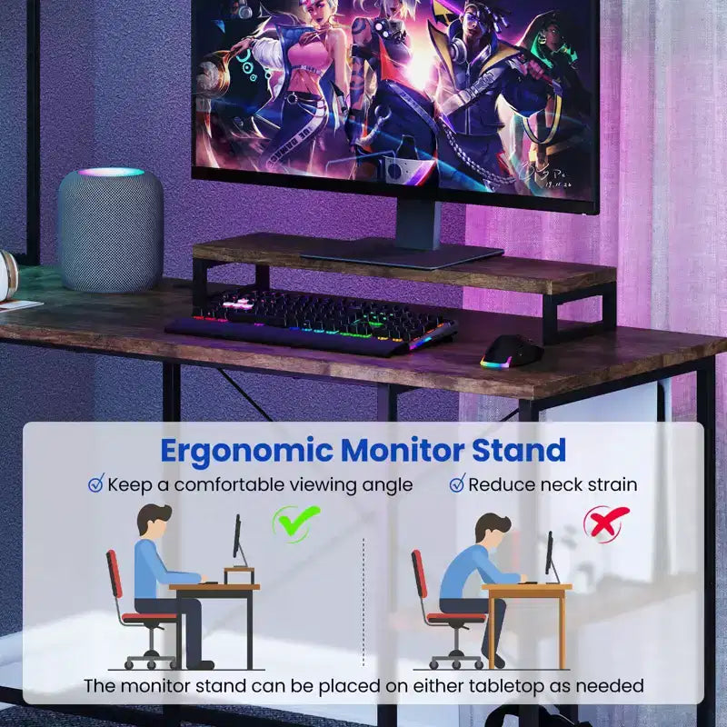 Costway L-Shaped Gaming Desk with LED Strip & Power Outlets Hutch Monitor Stand CPU Stand Brown/Black/Gray