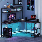 Costway L-Shaped Gaming Desk with LED Strip & Power Outlets Hutch Monitor Stand CPU Stand Brown/Black/Gray