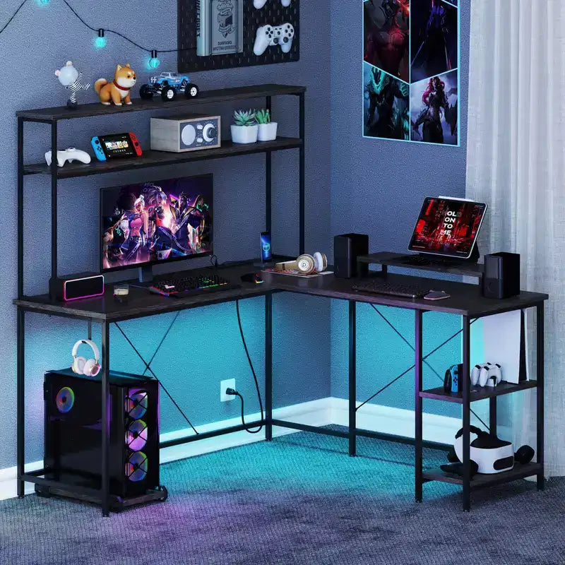Costway L-Shaped Gaming Desk with LED Strip & Power Outlets Hutch Monitor Stand CPU Stand Brown/Black/Gray