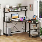 Costway L-Shaped Gaming Desk with LED Strip & Power Outlets Hutch Monitor Stand CPU Stand Brown/Black/Gray
