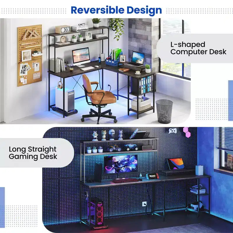 Costway L-Shaped Gaming Desk with LED Strip & Power Outlets Hutch Monitor Stand CPU Stand Brown/Black/Gray