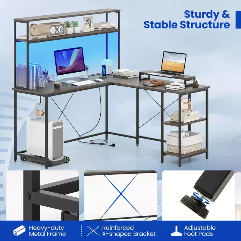 Costway L-Shaped Gaming Desk with LED Strip & Power Outlets Hutch Monitor Stand CPU Stand Brown/Black/Gray