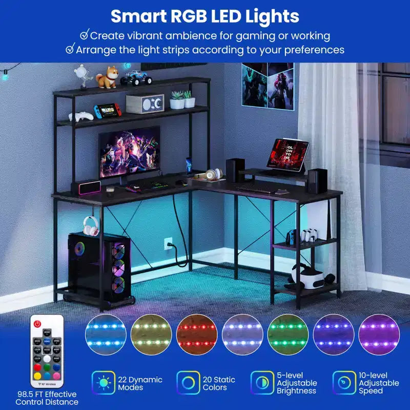 Costway L-Shaped Gaming Desk with LED Strip & Power Outlets Hutch Monitor Stand CPU Stand Brown/Black/Gray