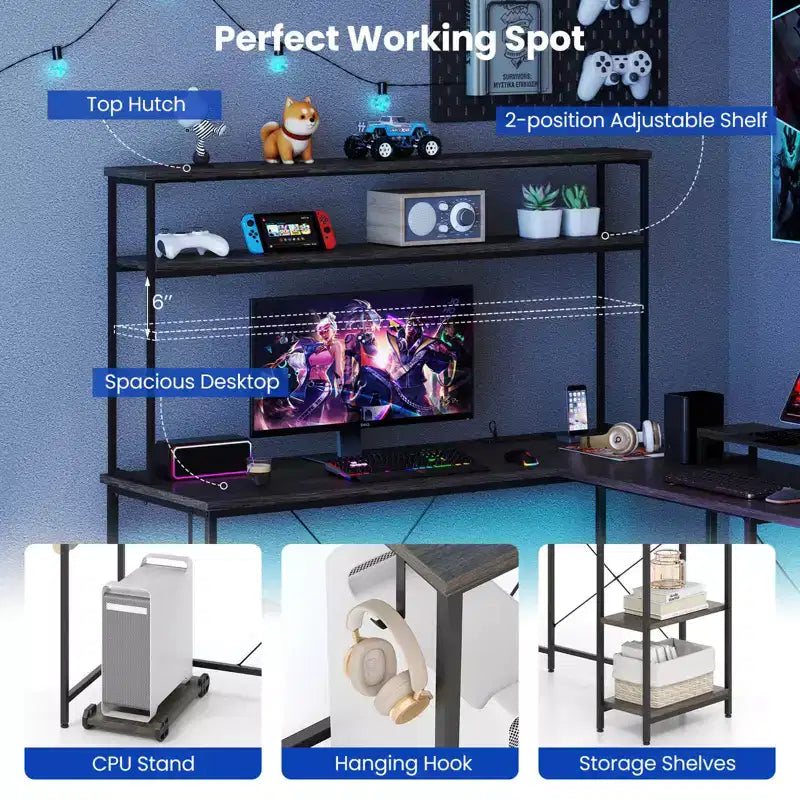 Costway L-Shaped Gaming Desk with LED Strip & Power Outlets Hutch Monitor Stand CPU Stand Brown/Black/Gray