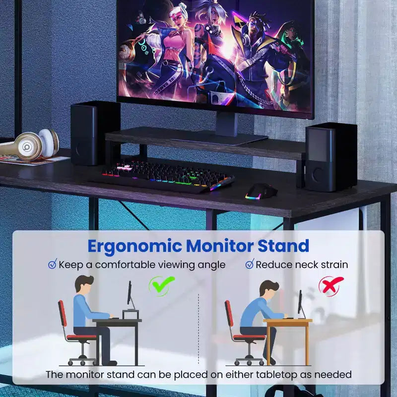 Costway L-Shaped Gaming Desk with LED Strip & Power Outlets Hutch Monitor Stand CPU Stand Brown/Black/Gray
