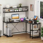 Costway L-Shaped Gaming Desk with LED Strip & Power Outlets Hutch Monitor Stand CPU Stand Brown/Black/Gray