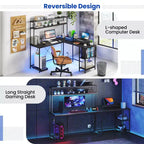 Costway L-Shaped Gaming Desk with LED Strip & Power Outlets Hutch Monitor Stand CPU Stand Brown/Black/Gray