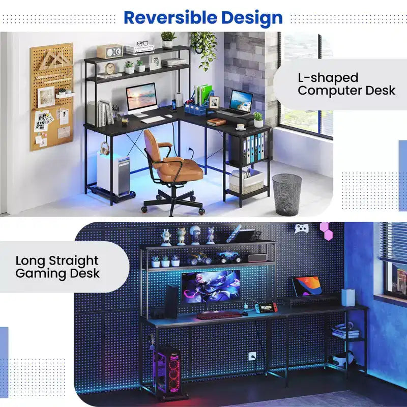 Costway L-Shaped Gaming Desk with LED Strip & Power Outlets Hutch Monitor Stand CPU Stand Brown/Black/Gray