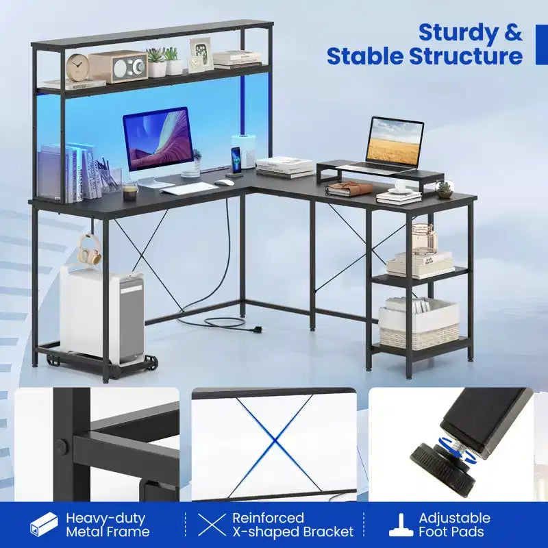Costway L-Shaped Gaming Desk with LED Strip & Power Outlets Hutch Monitor Stand CPU Stand Brown/Black/Gray