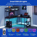 Costway L-Shaped Gaming Desk with LED Strip & Power Outlets Hutch Monitor Stand CPU Stand Brown/Black/Gray
