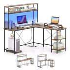 Costway L-Shaped Gaming Desk with LED Strip & Power Outlets Hutch Monitor Stand CPU Stand Brown/Black/Gray