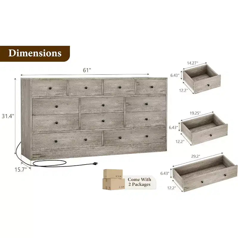 12-Drawer Dresser for Bedroom, 61 Wooden Chest with Built-In Power Outlet, Large Storage Organizer for Clothes, Living Room, Hallway, or Office