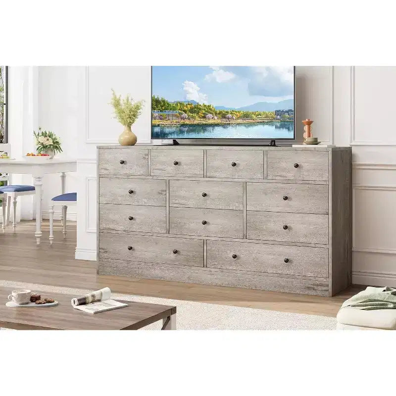 12-Drawer Dresser for Bedroom, 61 Wooden Chest with Built-In Power Outlet, Large Storage Organizer for Clothes, Living Room, Hallway, or Office