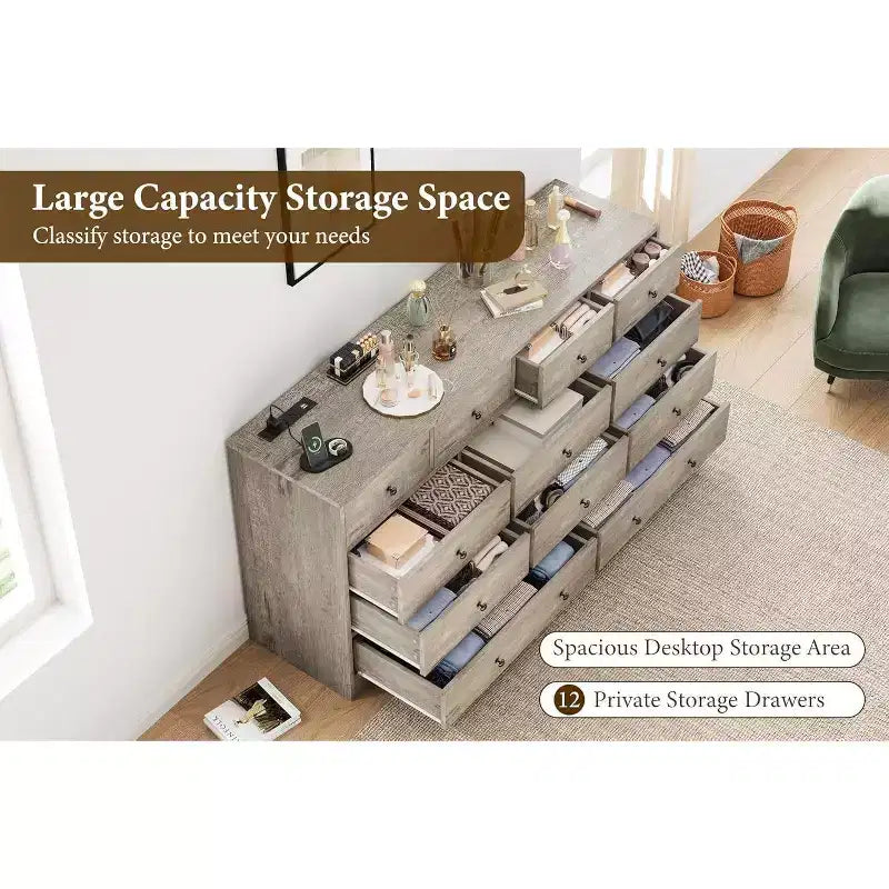 12-Drawer Dresser for Bedroom, 61 Wooden Chest with Built-In Power Outlet, Large Storage Organizer for Clothes, Living Room, Hallway, or Office