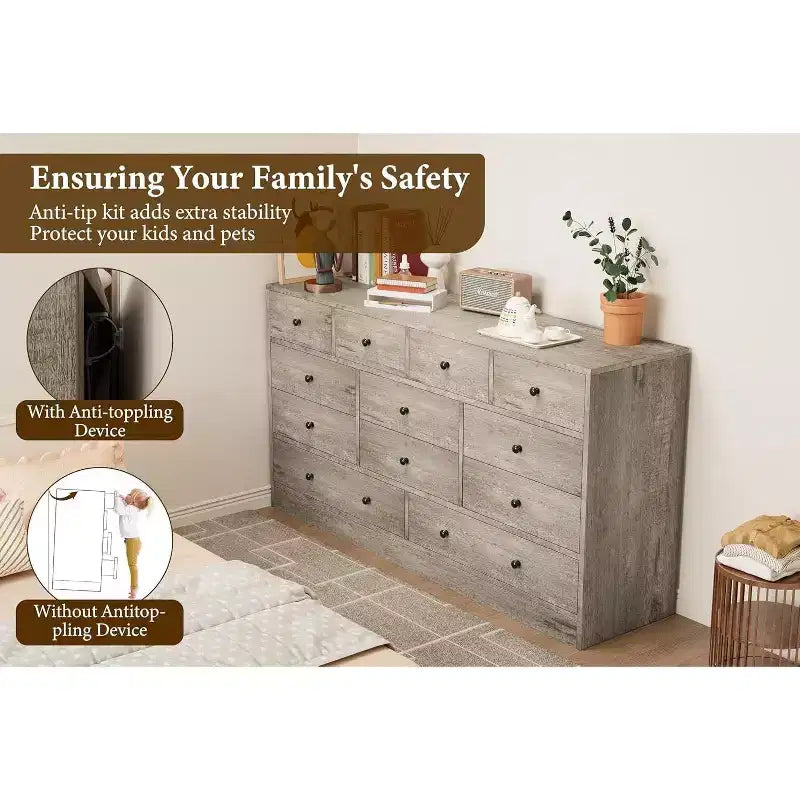 12-Drawer Dresser for Bedroom, 61 Wooden Chest with Built-In Power Outlet, Large Storage Organizer for Clothes, Living Room, Hallway, or Office