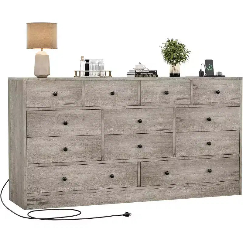 12-Drawer Dresser for Bedroom, 61 Wooden Chest with Built-In Power Outlet, Large Storage Organizer for Clothes, Living Room, Hallway, or Office