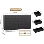 12-Drawer Dresser for Bedroom, 61 Wooden Chest with Built-In Power Outlet, Large Storage Organizer for Clothes, Living Room, Hallway, or Office