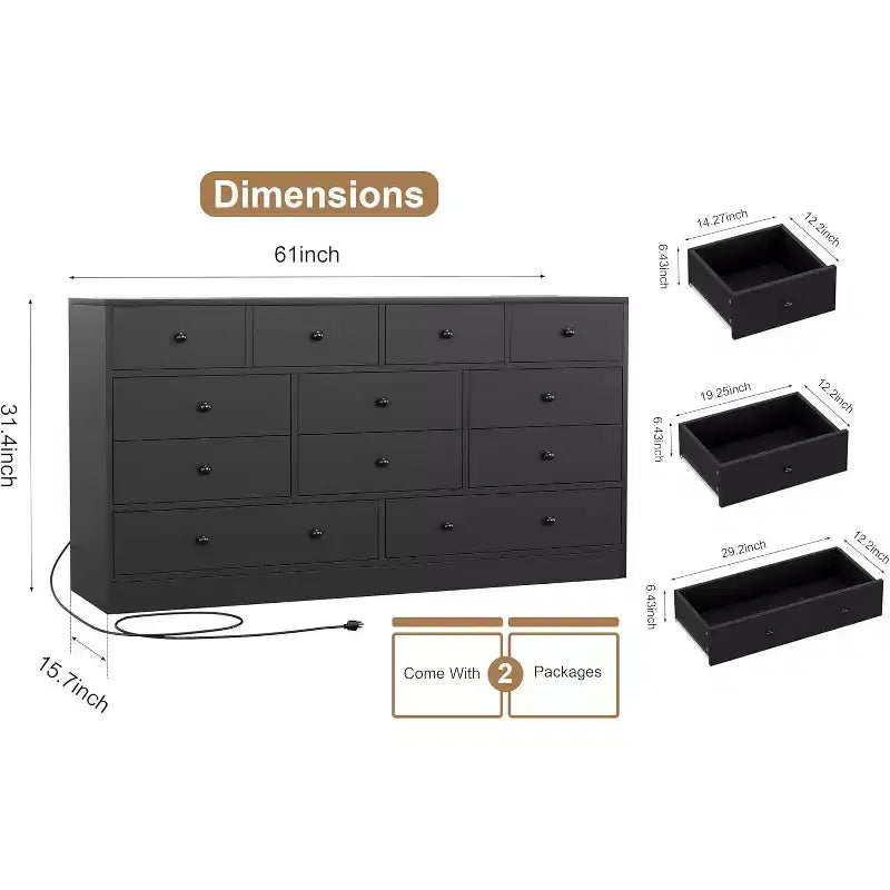 12-Drawer Dresser for Bedroom, 61 Wooden Chest with Built-In Power Outlet, Large Storage Organizer for Clothes, Living Room, Hallway, or Office