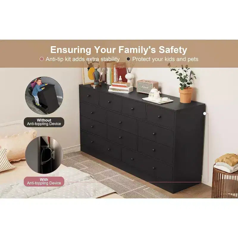 12-Drawer Dresser for Bedroom, 61 Wooden Chest with Built-In Power Outlet, Large Storage Organizer for Clothes, Living Room, Hallway, or Office