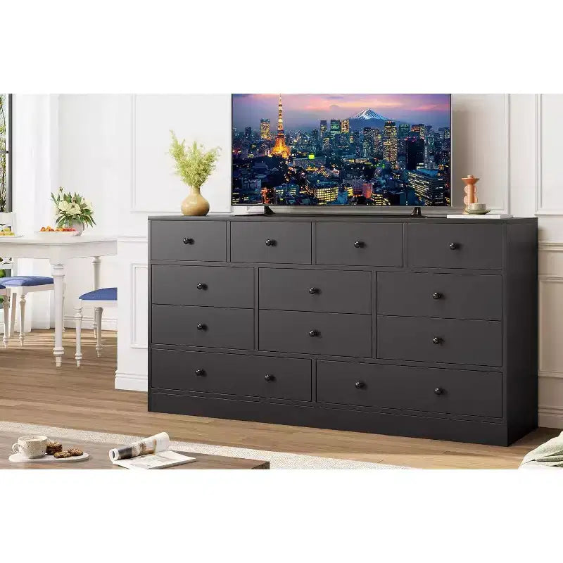 12-Drawer Dresser for Bedroom, 61 Wooden Chest with Built-In Power Outlet, Large Storage Organizer for Clothes, Living Room, Hallway, or Office