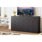 12-Drawer Dresser for Bedroom, 61 Wooden Chest with Built-In Power Outlet, Large Storage Organizer for Clothes, Living Room, Hallway, or Office