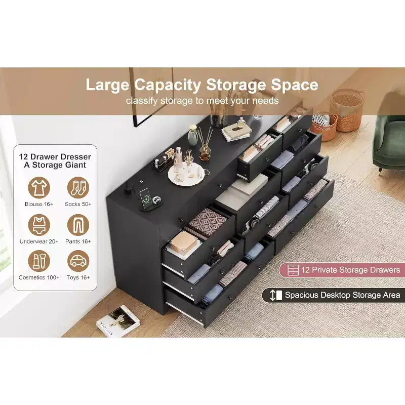 12-Drawer Dresser for Bedroom, 61 Wooden Chest with Built-In Power Outlet, Large Storage Organizer for Clothes, Living Room, Hallway, or Office