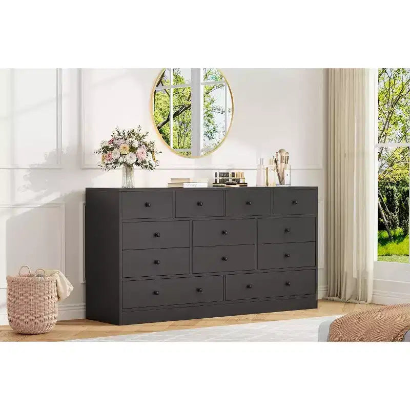 12-Drawer Dresser for Bedroom, 61 Wooden Chest with Built-In Power Outlet, Large Storage Organizer for Clothes, Living Room, Hallway, or Office