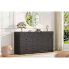 12-Drawer Dresser for Bedroom, 61 Wooden Chest with Built-In Power Outlet, Large Storage Organizer for Clothes, Living Room, Hallway, or Office