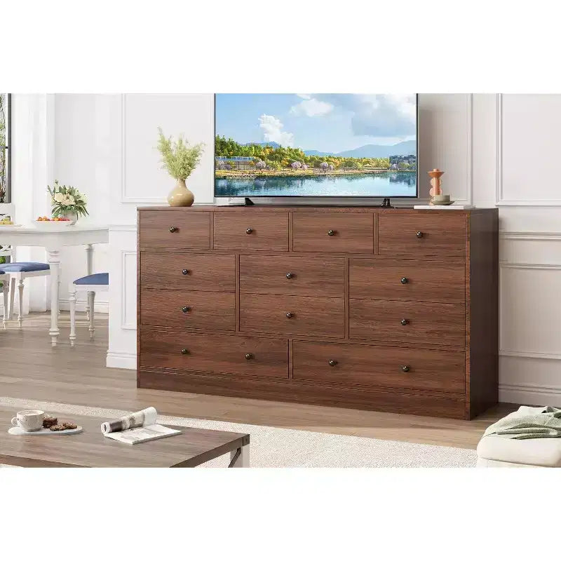 12-Drawer Dresser for Bedroom, 61 Wooden Chest with Built-In Power Outlet, Large Storage Organizer for Clothes, Living Room, Hallway, or Office