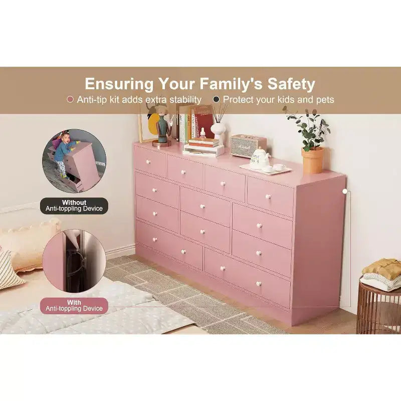 12-Drawer Dresser for Bedroom, 61 Wooden Chest with Built-In Power Outlet, Large Storage Organizer for Clothes, Living Room, Hallway, or Office