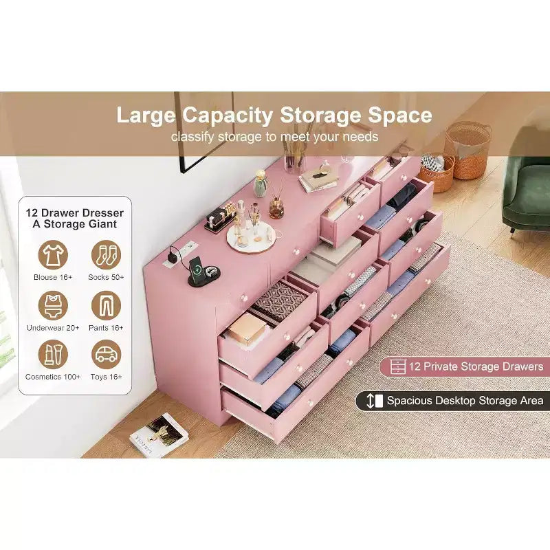 12-Drawer Dresser for Bedroom, 61 Wooden Chest with Built-In Power Outlet, Large Storage Organizer for Clothes, Living Room, Hallway, or Office