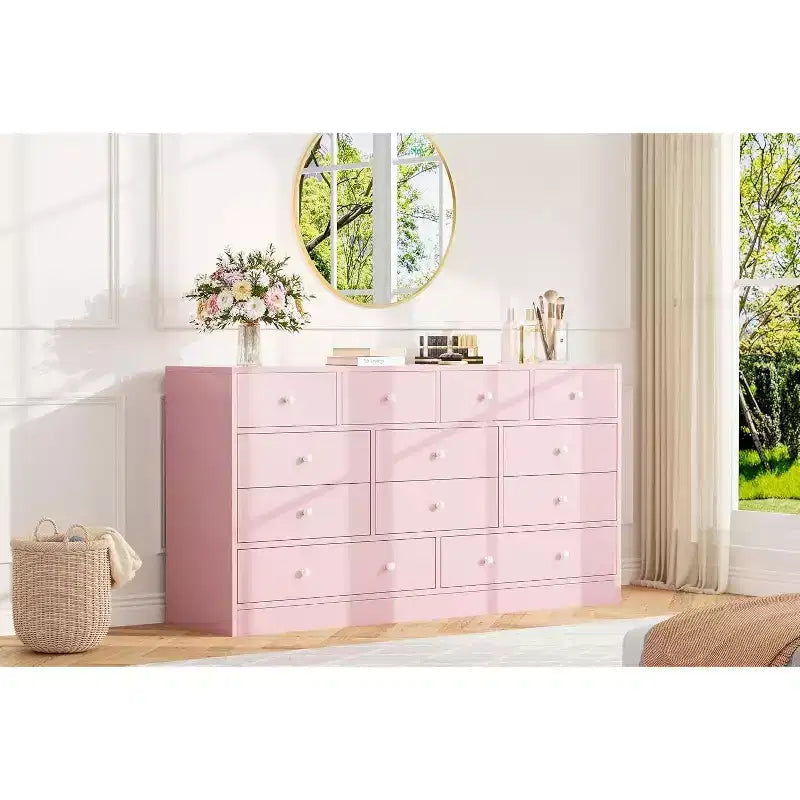 12-Drawer Dresser for Bedroom, 61 Wooden Chest with Built-In Power Outlet, Large Storage Organizer for Clothes, Living Room, Hallway, or Office
