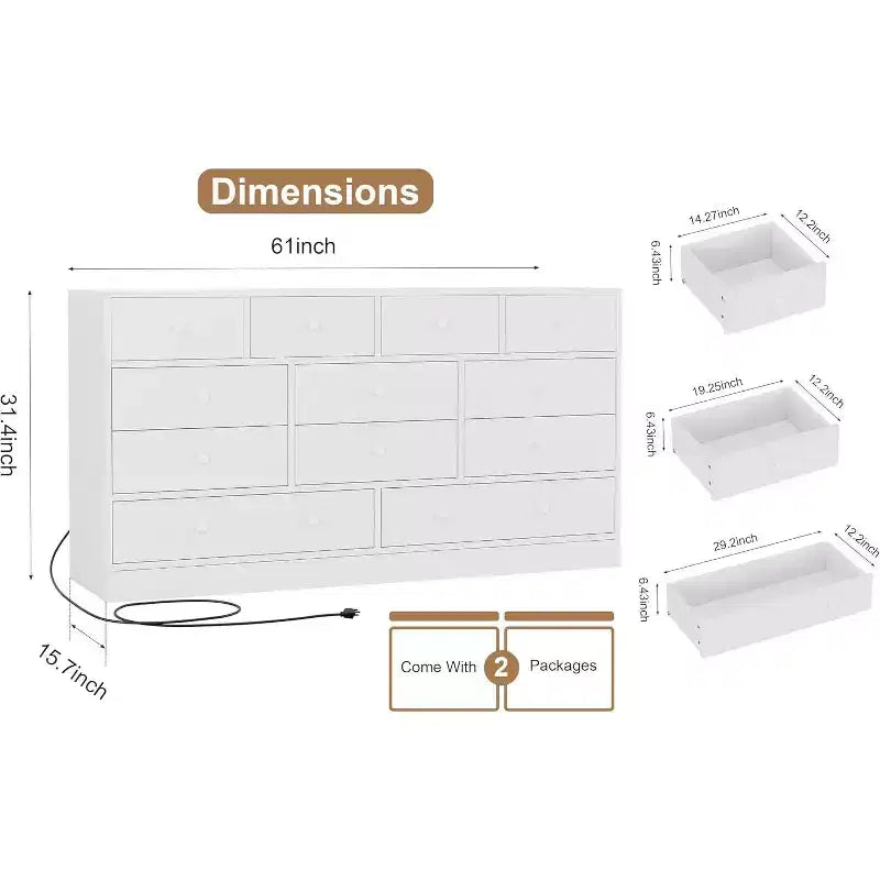 12-Drawer Dresser for Bedroom, 61 Wooden Chest with Built-In Power Outlet, Large Storage Organizer for Clothes, Living Room, Hallway, or Office